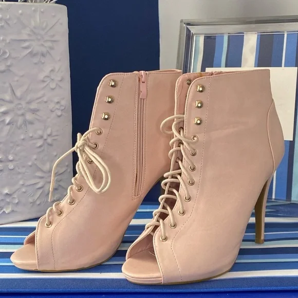 Light pink lace up peep toe ankle high heel zipper booties size 10 - Picture 3 of 14